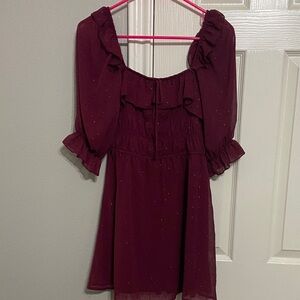 Wine Red Ruffle Square Neck Dress
